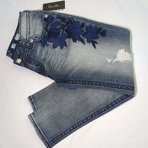 Miss Me Signature Ankle Skinny Floral Embroidered Distressed Jean Sz 28